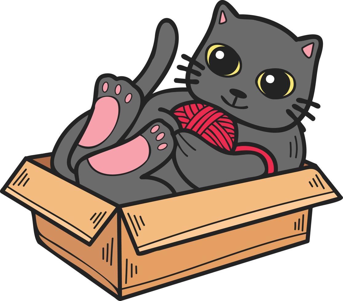 gato dibujado a mano jugando con hilo en una ilustración de caja en estilo garabato vector