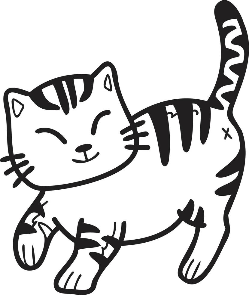 Hand Drawn walking striped cat illustration in doodle style vector