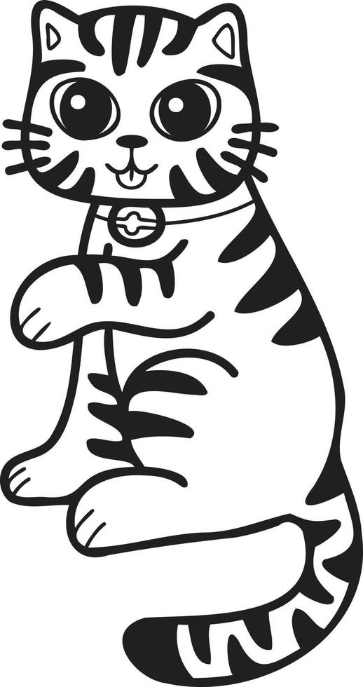 Hand Drawn Maneki Neko or lucky striped cat illustration in doodle style vector