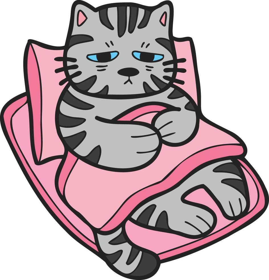 Hand Drawn sick striped cat sleeping on pillow illustration in doodle style vector