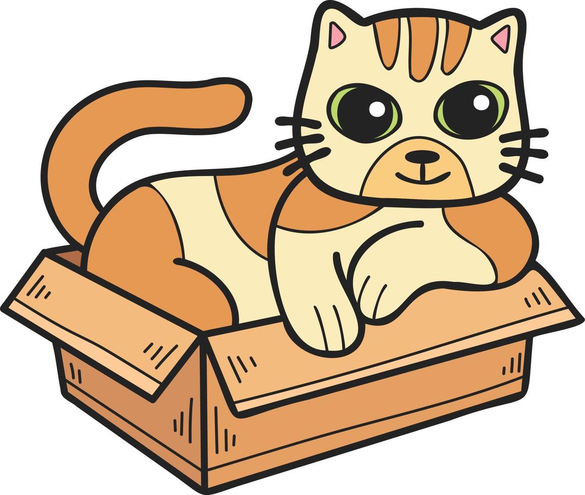 Hand Drawn striped cat in box illustration in doodle style vector