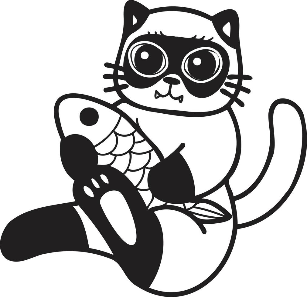 Hand Drawn cat eating fish illustration in doodle style 17301730 Vector