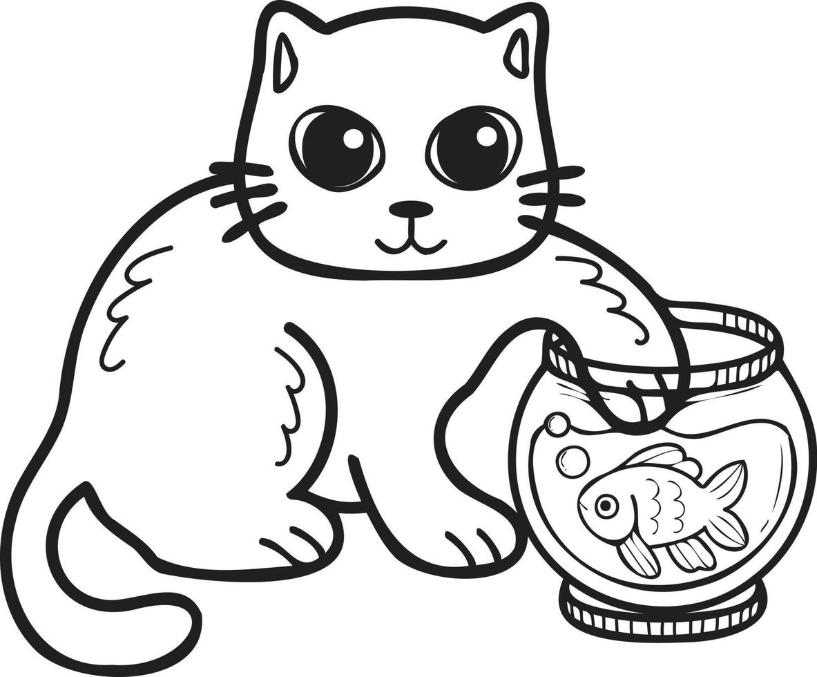 Hand Drawn cat playing with fish illustration in doodle style vector