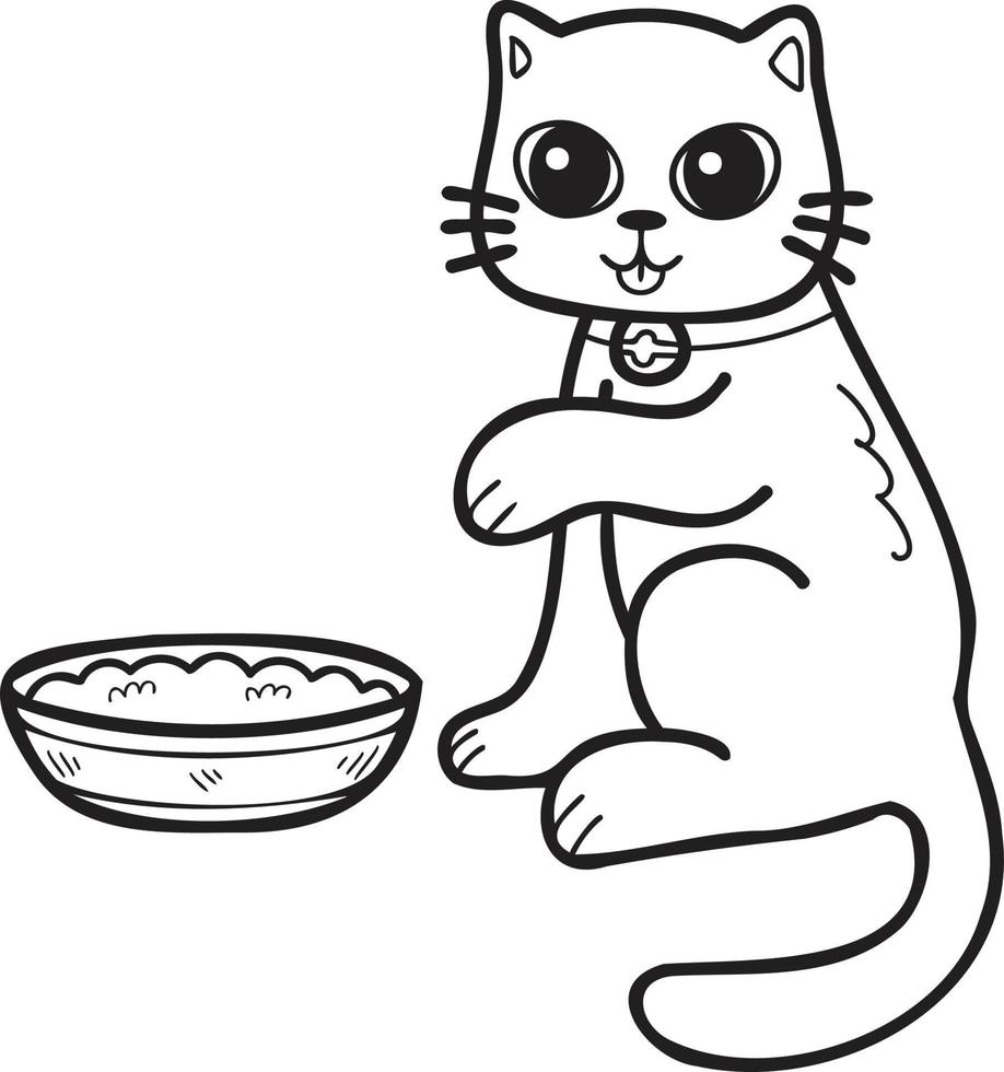 gato dibujado a mano comiendo ilustración de comida en estilo garabato vector