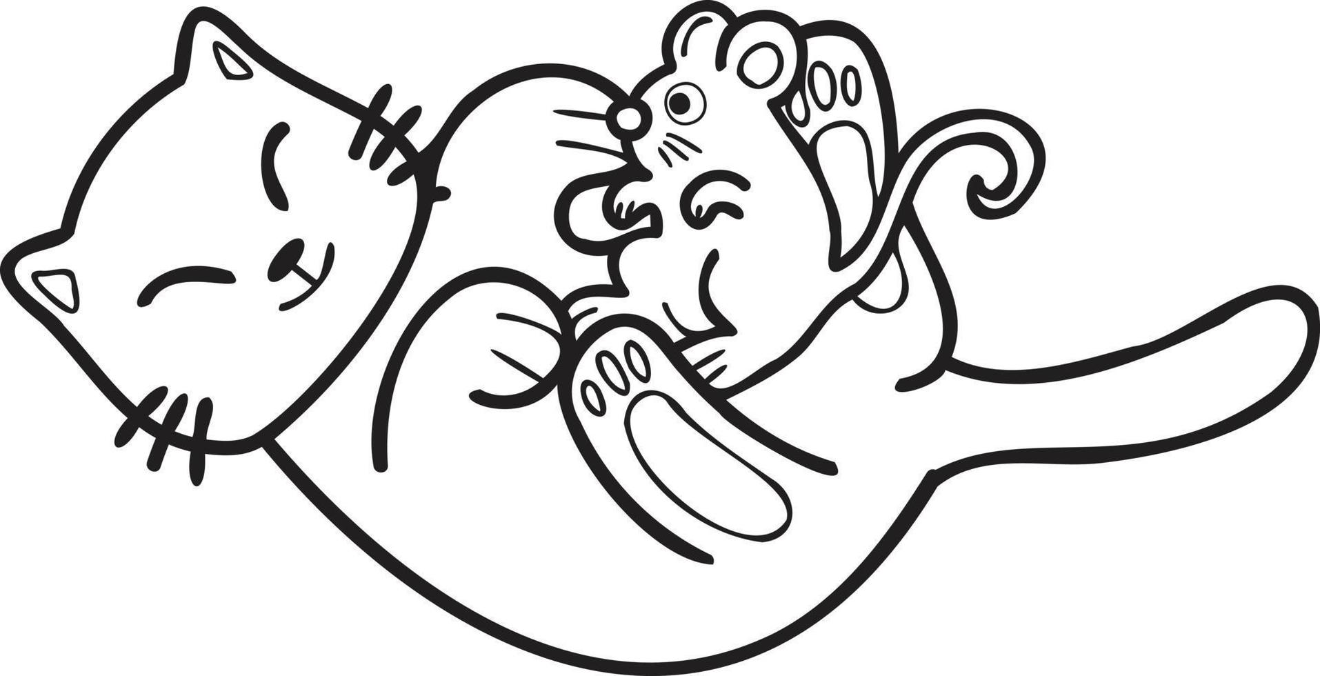 Hand Drawn cat and mouse illustration in doodle style vector