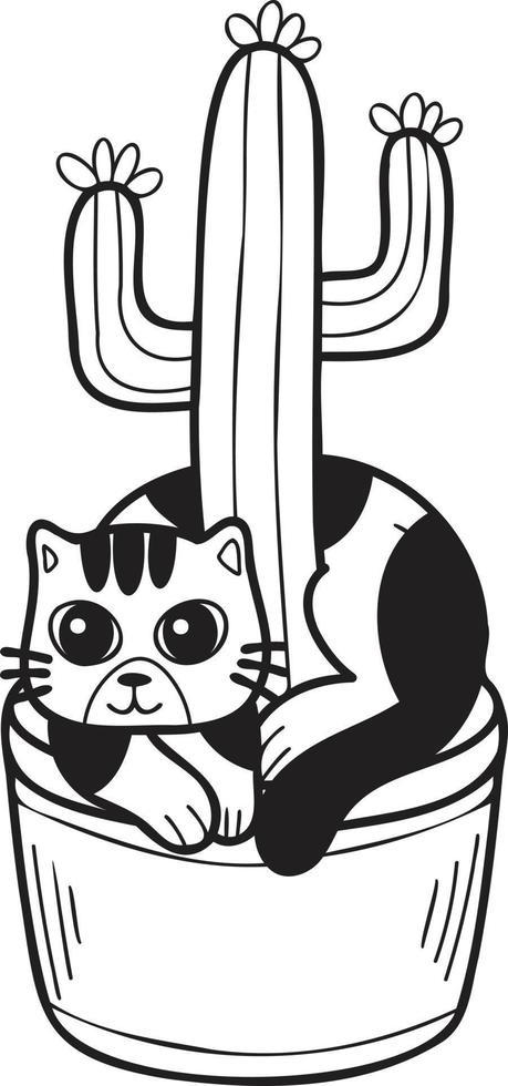 gato rayado dibujado a mano y ilustración de cactus en estilo garabato vector