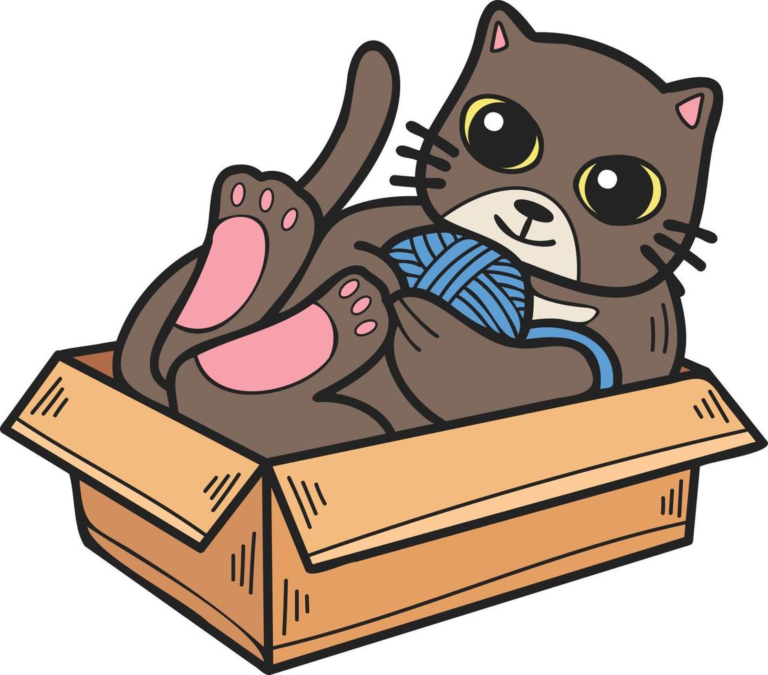 gato dibujado a mano jugando con hilo en una ilustración de caja en estilo garabato vector