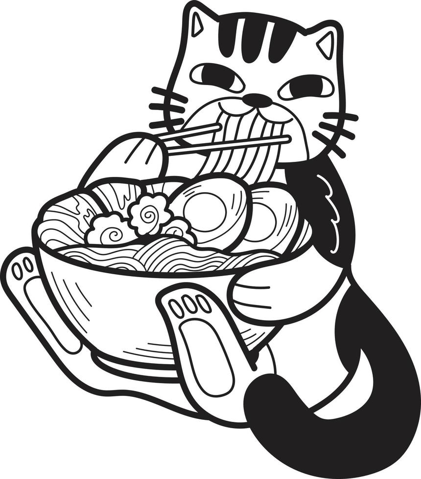 Hand Drawn striped cat eating noodles illustration in doodle style vector