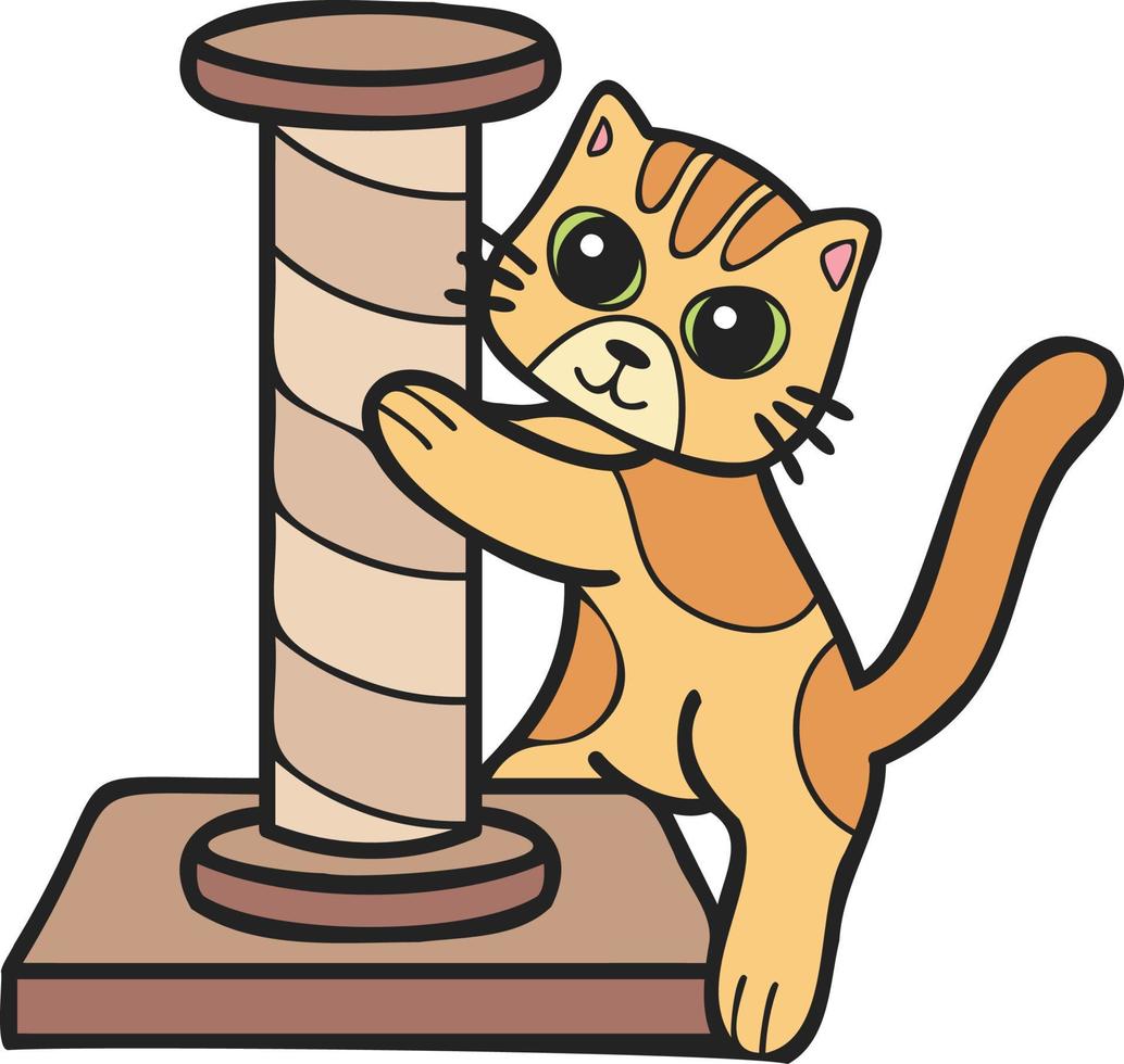 gato rayado dibujado a mano con ilustración de poste de escalada de gato en estilo garabato vector