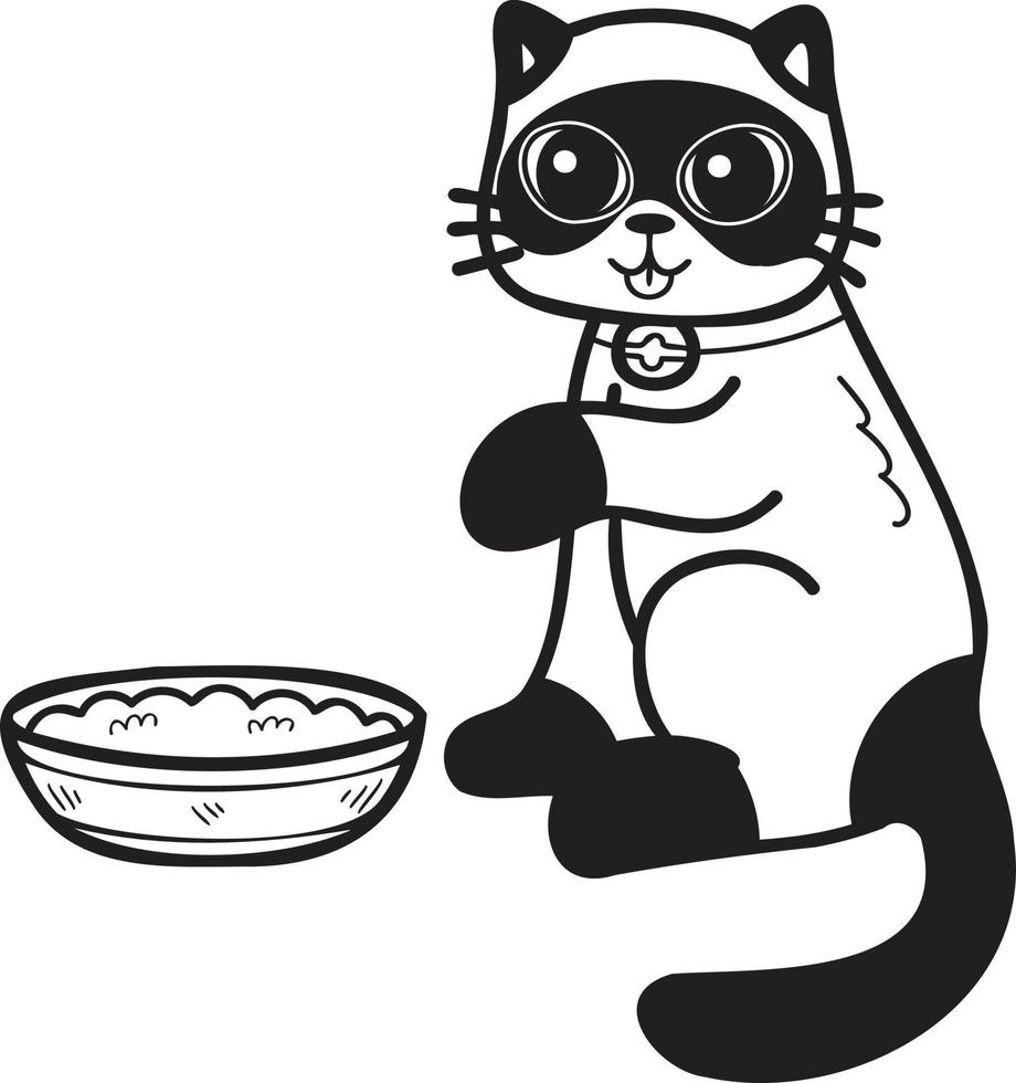 gato dibujado a mano comiendo ilustración de comida en estilo garabato vector