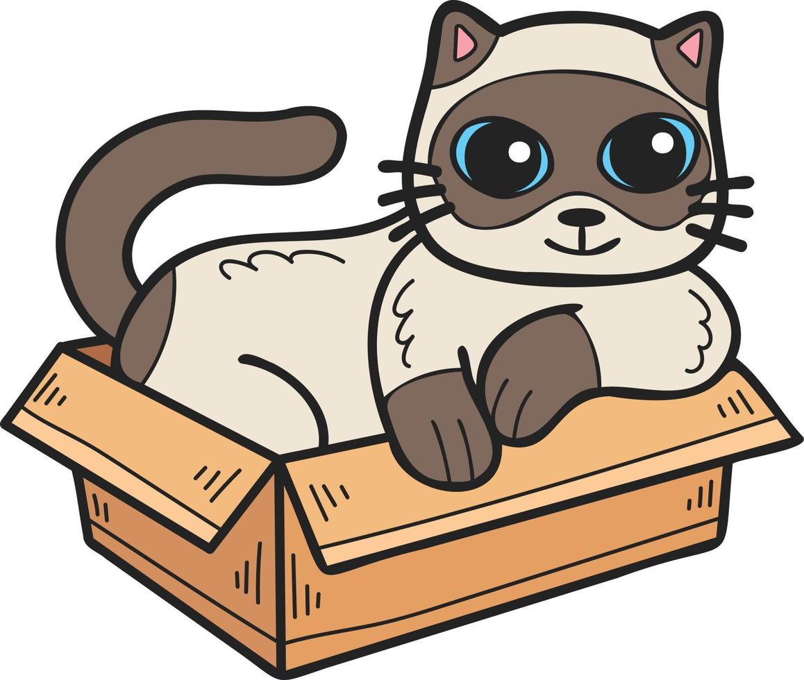 gato dibujado a mano en la ilustración de la caja en estilo garabato vector