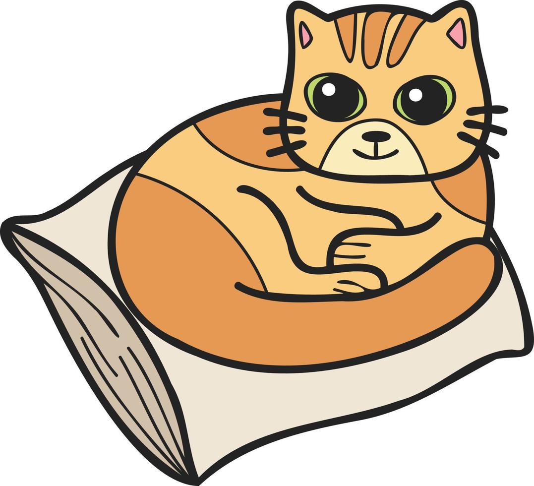 Hand Drawn striped cat sleeping on pillow illustration in doodle style vector