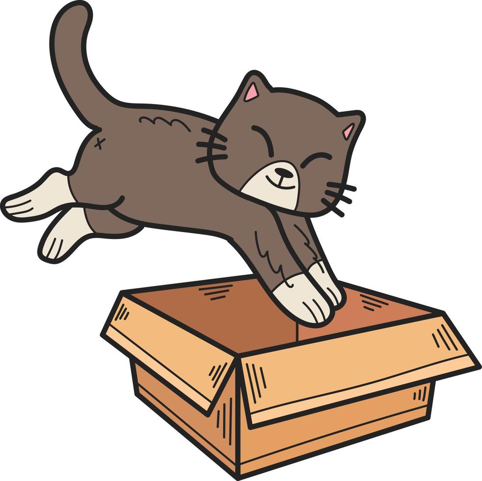 Hand Drawn kitten jumped into the box illustration in doodle style vector