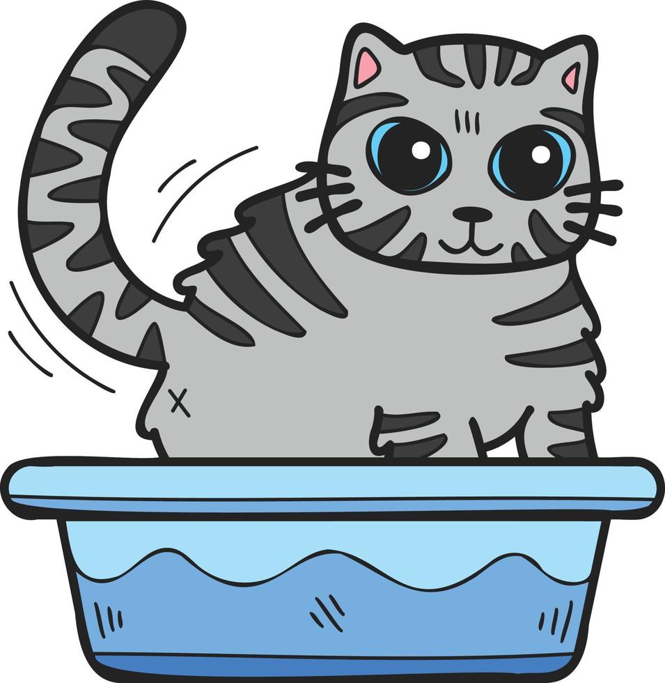 Hand Drawn striped cat with tray illustration in doodle style vector