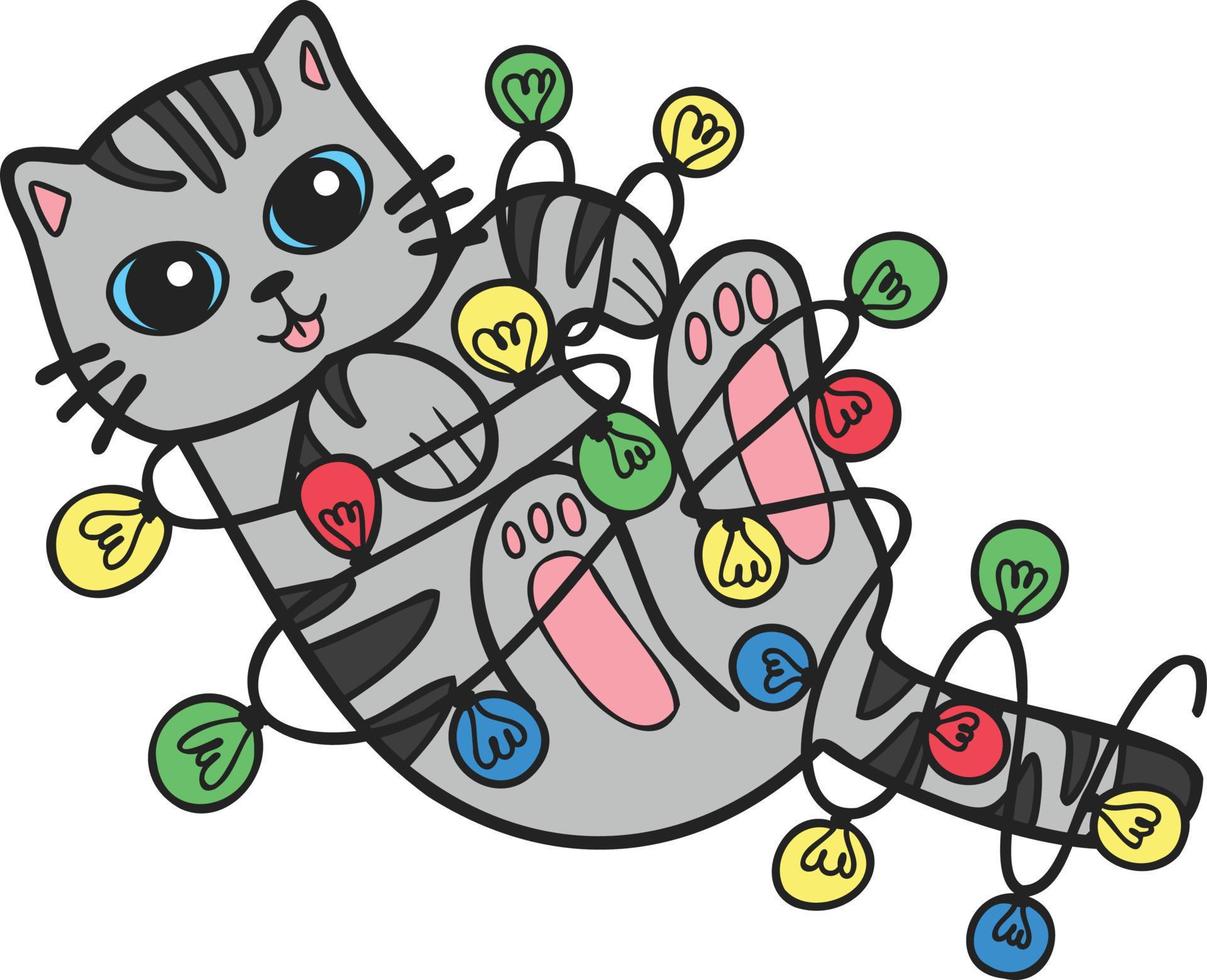 Hand Drawn striped cat playing with light bulb illustration in doodle style vector