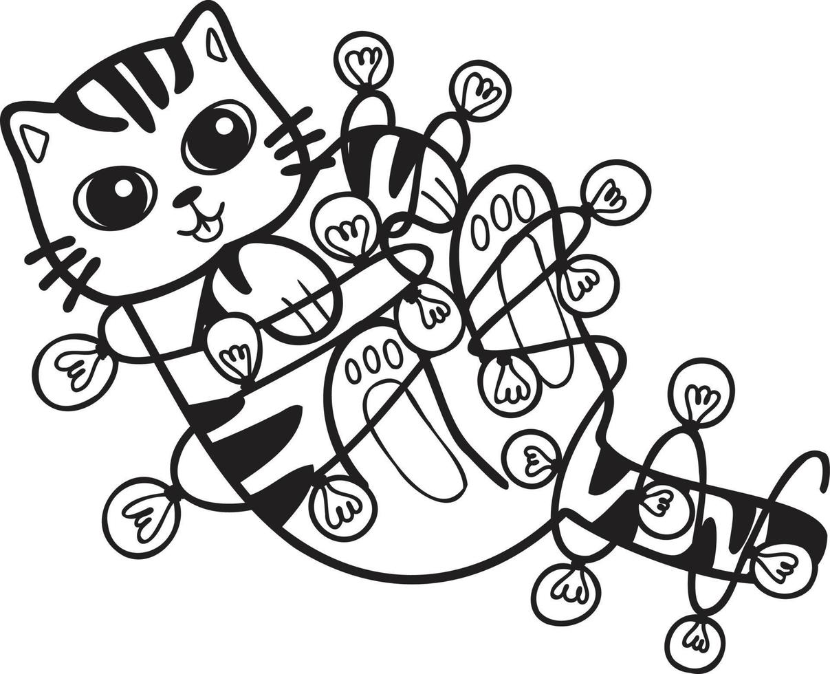 gato rayado dibujado a mano jugando con ilustración de bombilla en estilo garabato vector