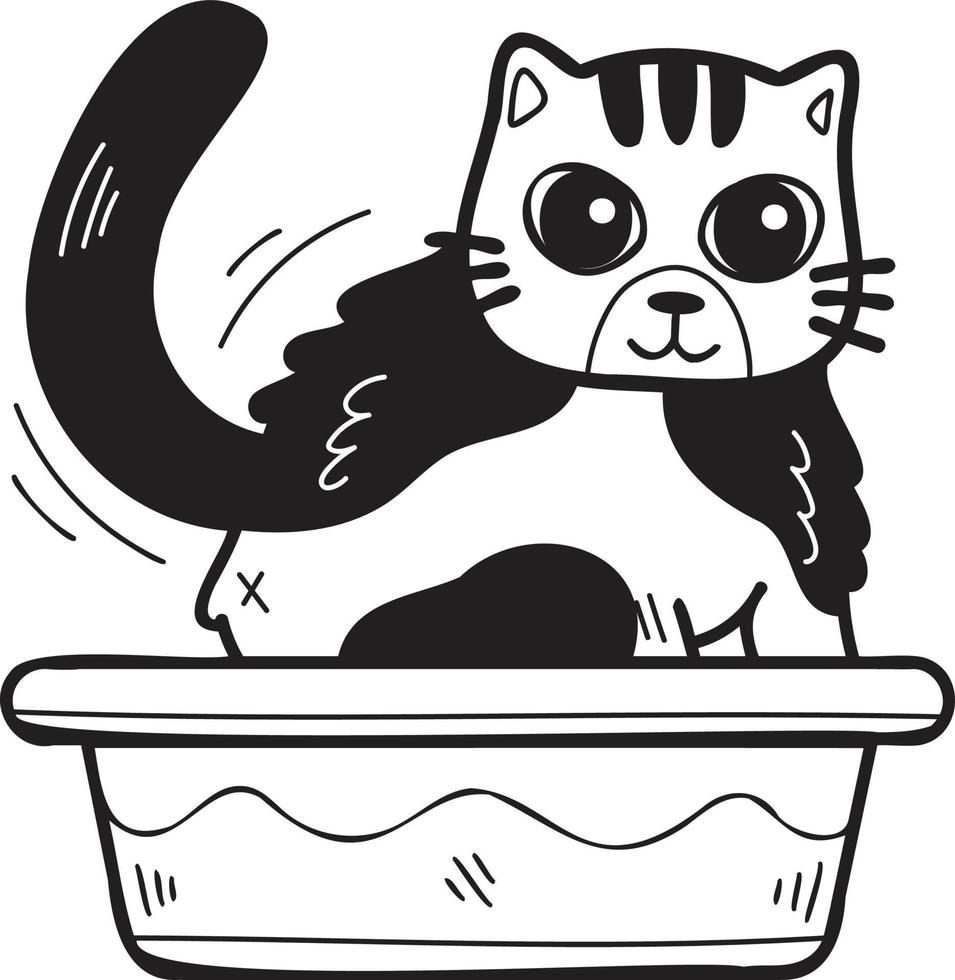 gato rayado dibujado a mano con ilustración de bandeja en estilo garabato vector