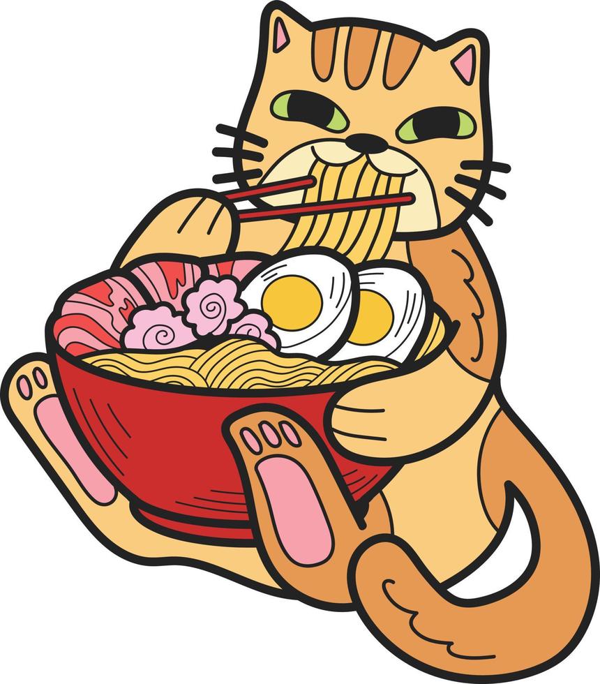 Hand Drawn striped cat eating noodles illustration in doodle style vector