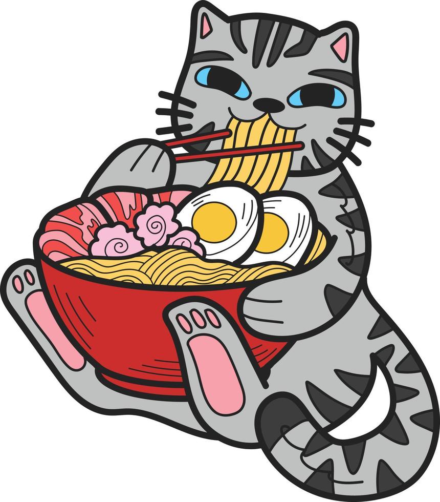 gato rayado dibujado a mano comiendo ilustración de fideos en estilo garabato vector