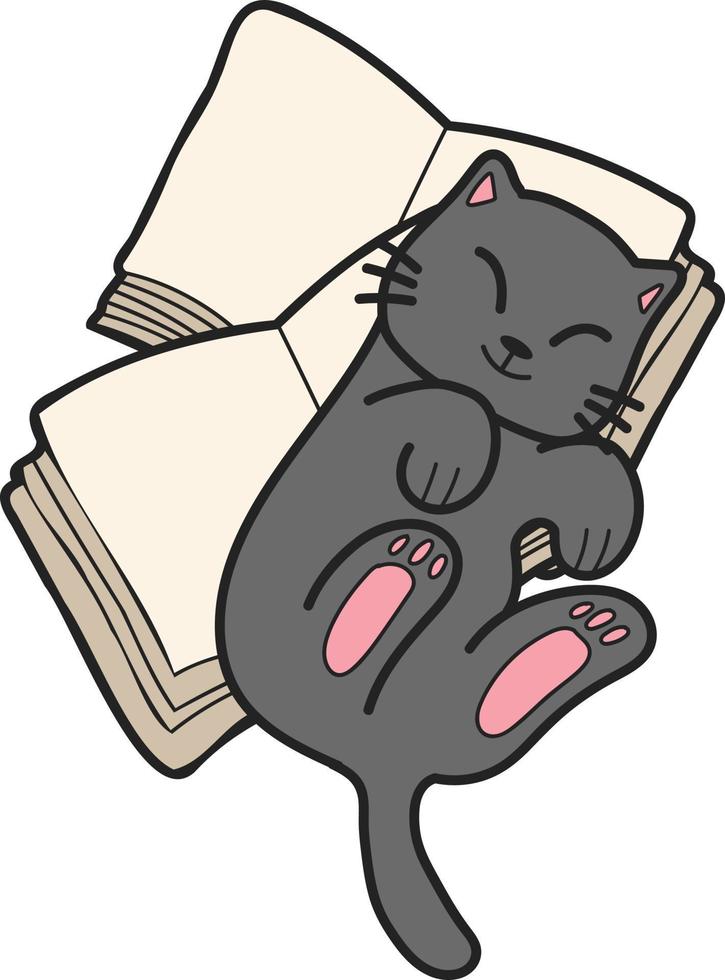 gato dibujado a mano acostado en una pila de libros ilustrados en estilo garabato vector