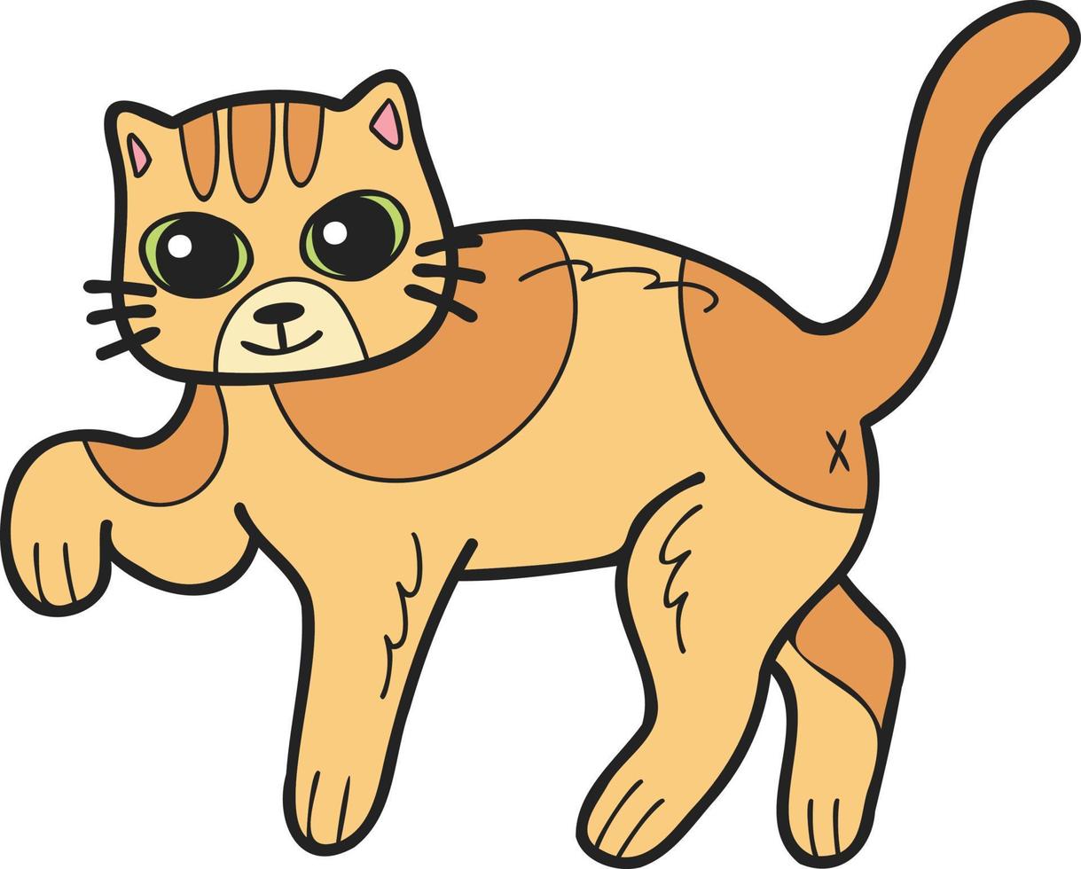 Hand Drawn walking striped cat illustration in doodle style vector