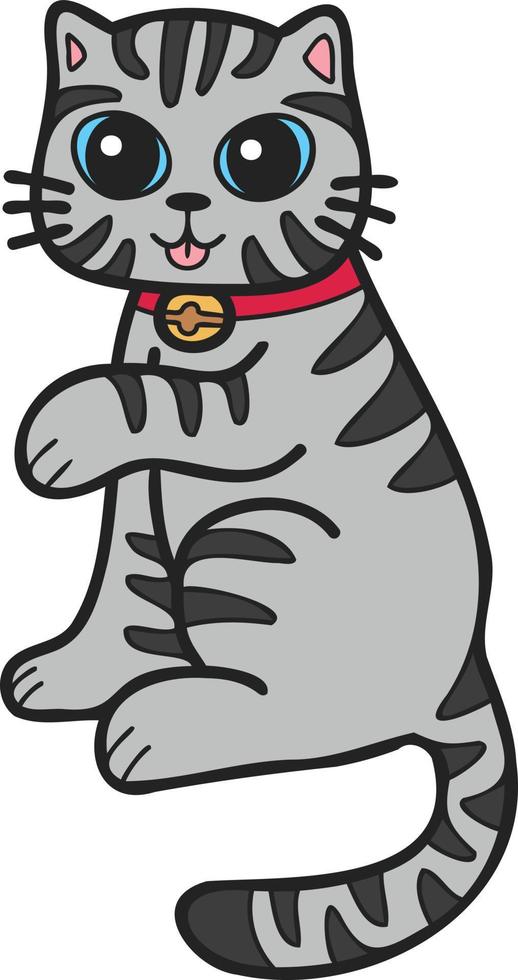 Hand Drawn Maneki Neko or lucky striped cat illustration in doodle style vector