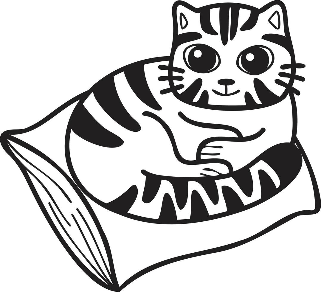 Hand Drawn striped cat sleeping on pillow illustration in doodle style vector