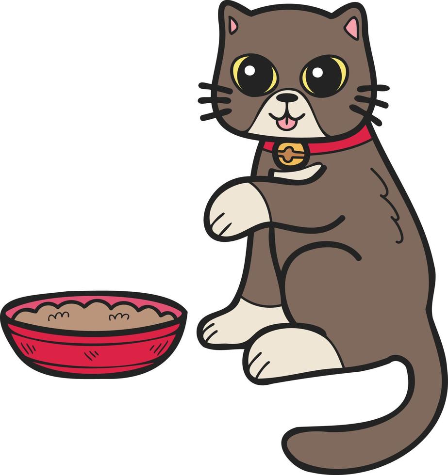 Hand Drawn cat eating food illustration in doodle style vector