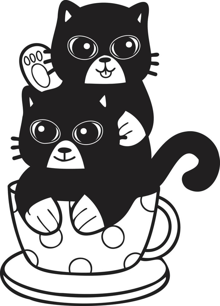 Hand Drawn cat or kitten with coffee mug illustration in doodle style vector