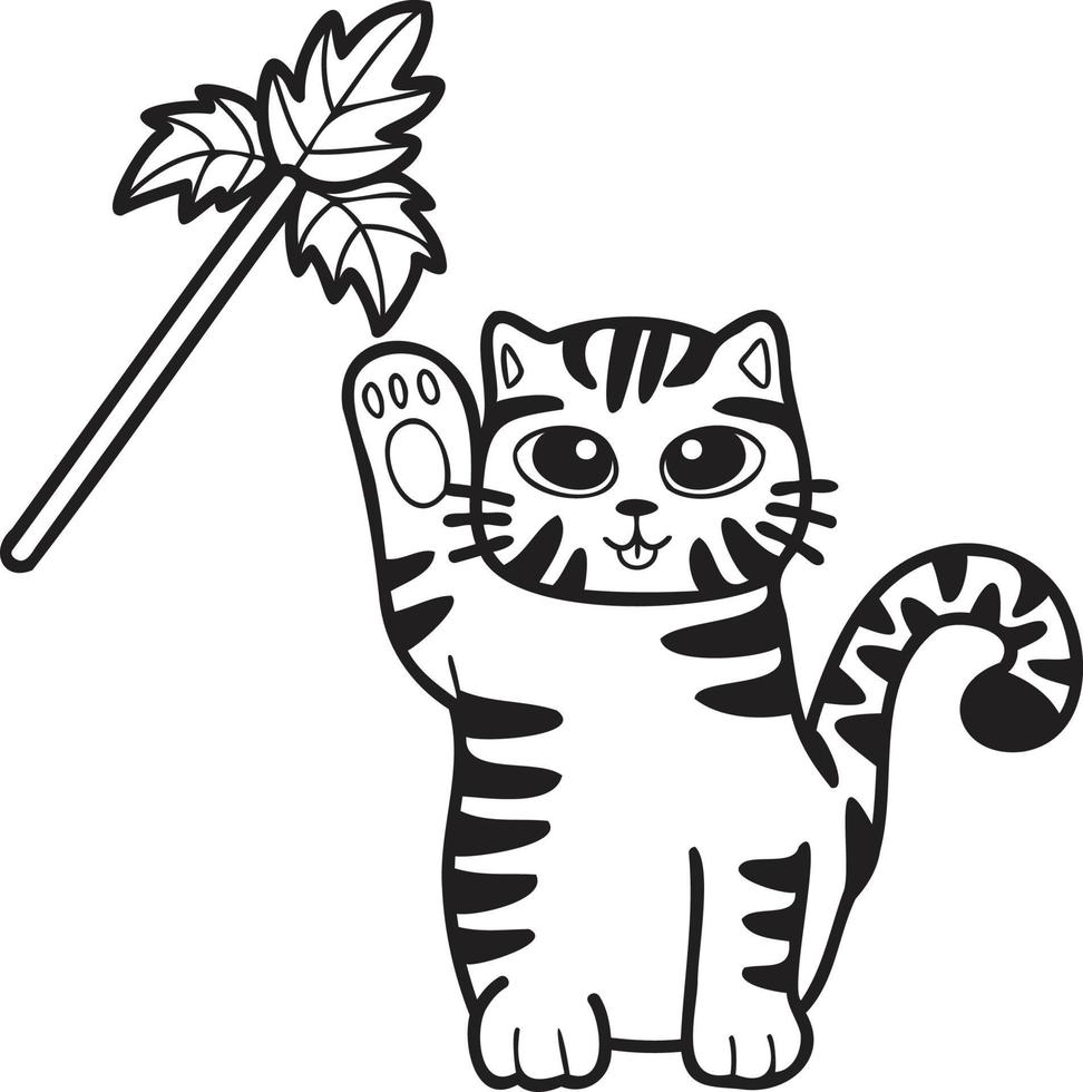 gato rayado dibujado a mano jugando con ilustración de juguetes en estilo garabato vector