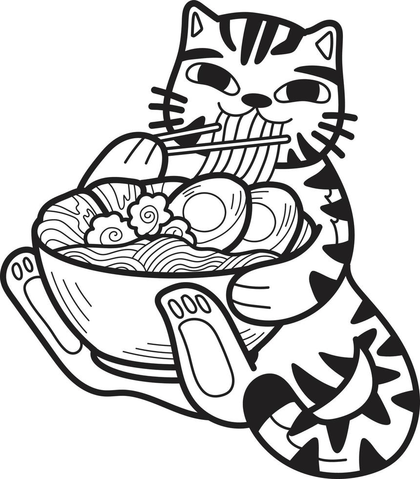 gato rayado dibujado a mano comiendo ilustración de fideos en estilo garabato vector