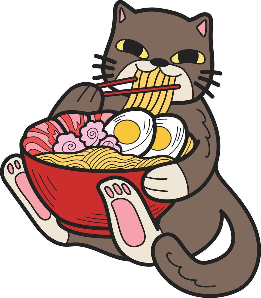 Hand Drawn cat eating noodles illustration in doodle style vector