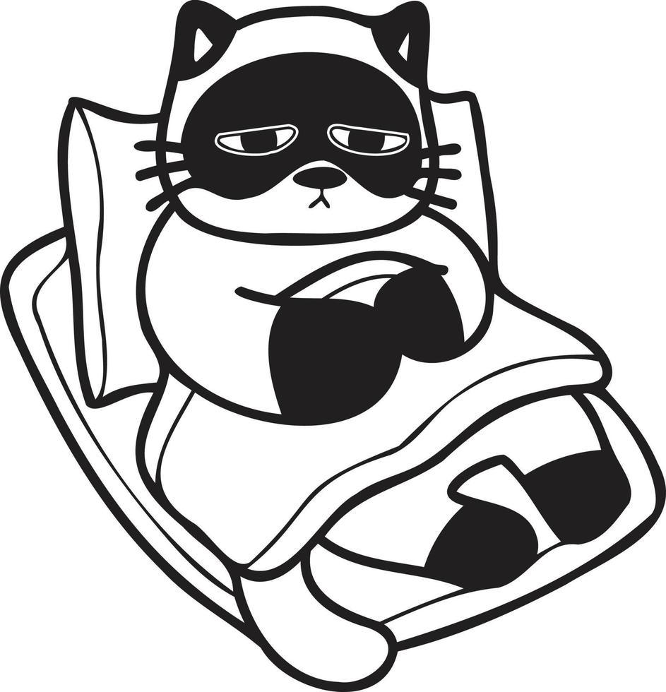 gato rayado enfermo dibujado a mano durmiendo en la ilustración de la almohada en estilo garabato vector