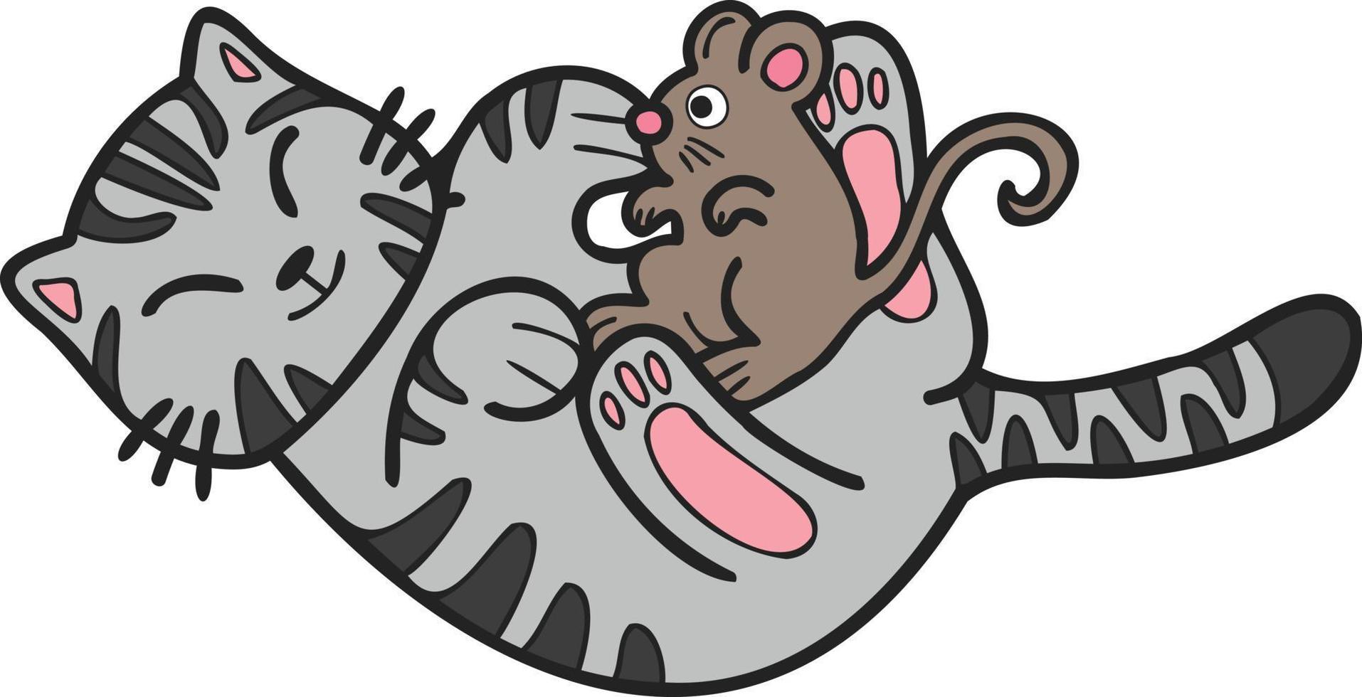 Hand Drawn striped cat and mouse illustration in doodle style vector