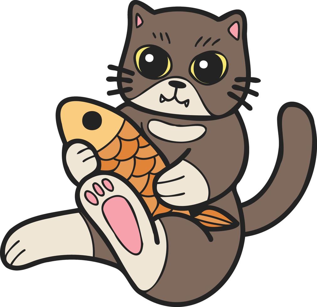 gato dibujado a mano comiendo ilustración de pescado en estilo garabato vector