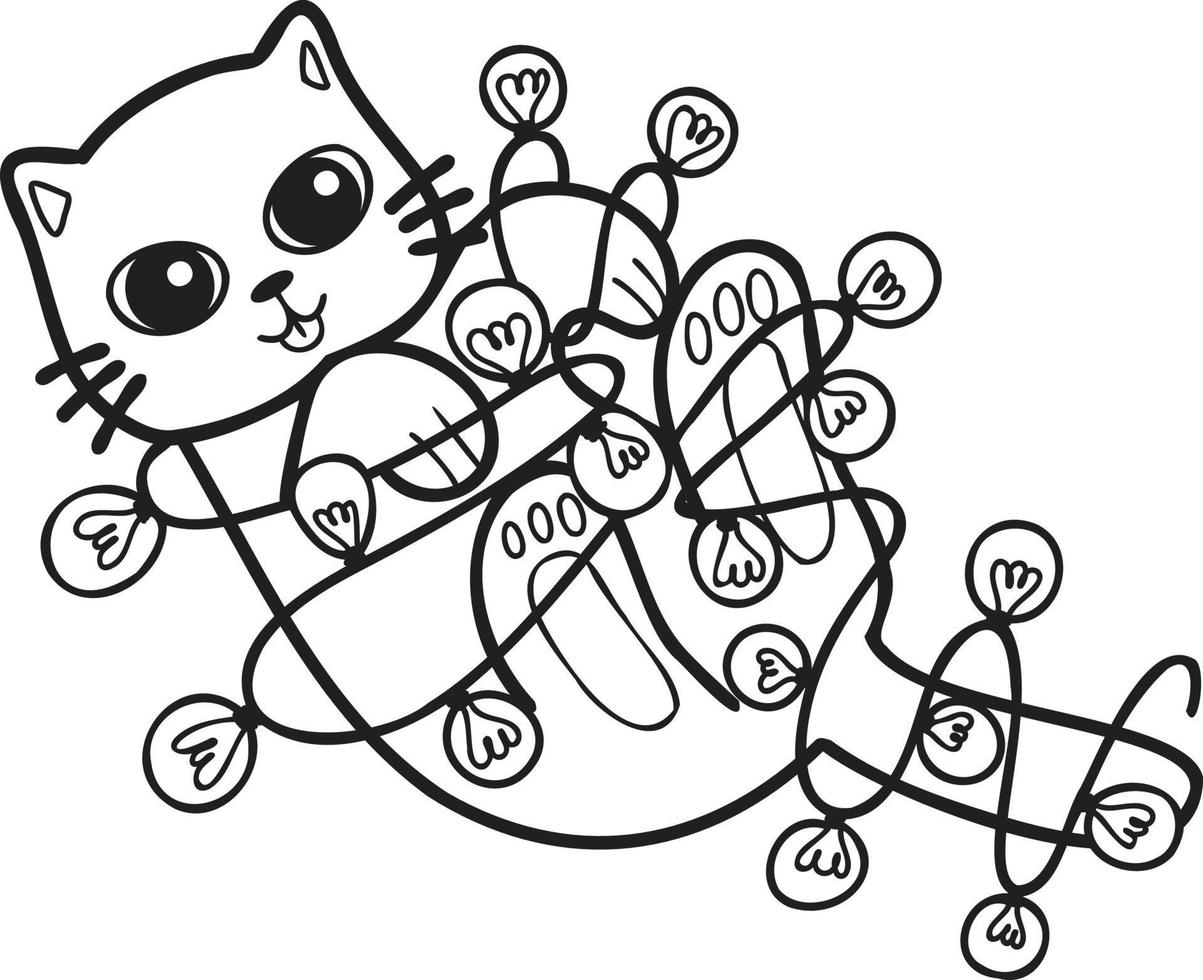 Hand Drawn cat playing with light bulb illustration in doodle style vector