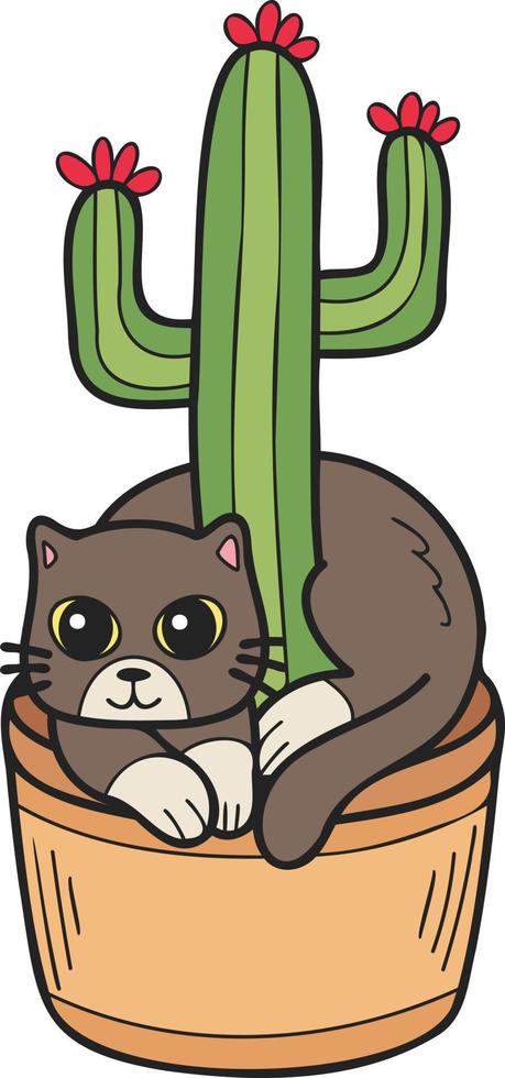 Hand Drawn cat and cactus illustration in doodle style vector