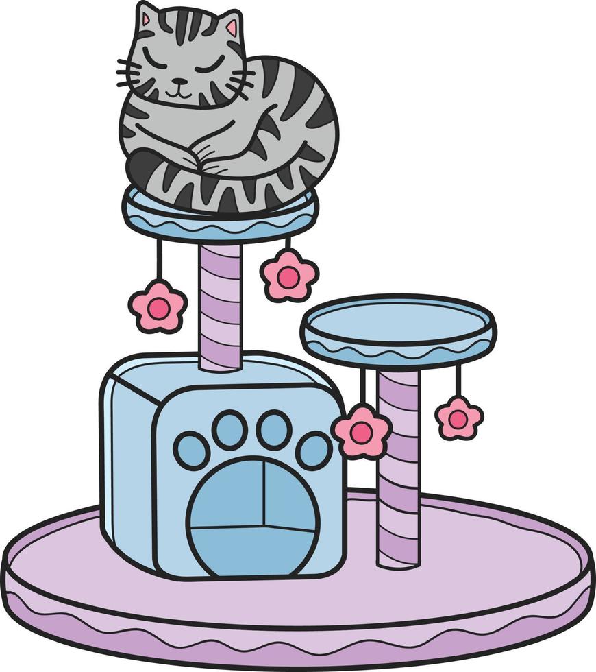 gato rayado dibujado a mano con ilustración de poste de escalada de gato en estilo garabato vector