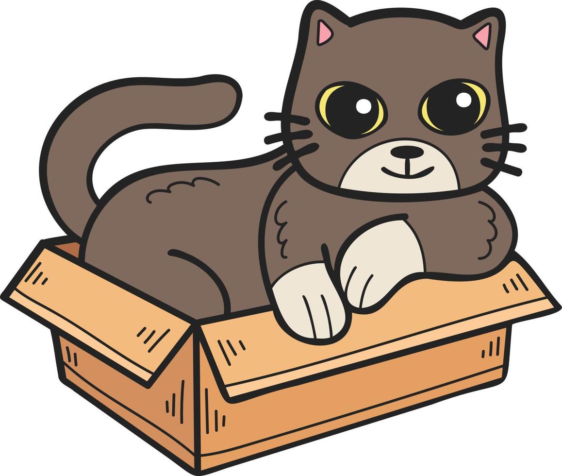 gato dibujado a mano en la ilustración de la caja en estilo garabato vector