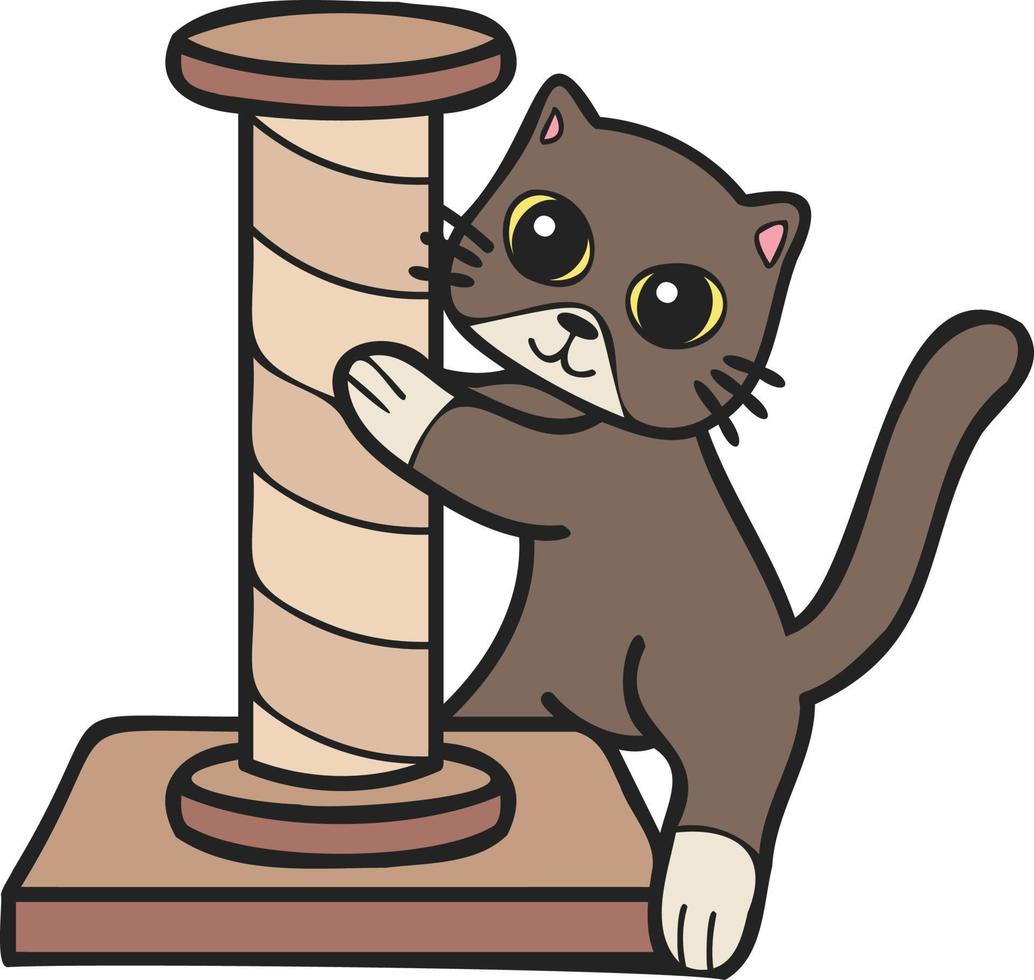 Hand Drawn cat with cat climbing pole illustration in doodle style vector