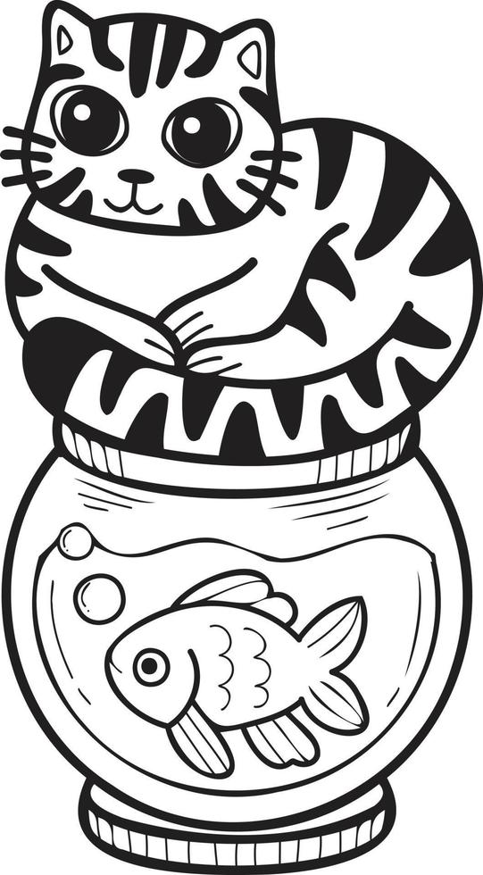 Hand Drawn striped cat on Fish Bowl illustration in doodle style vector