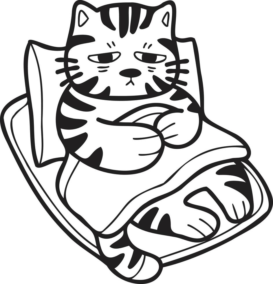 Hand Drawn sick striped cat sleeping on pillow illustration in doodle style vector