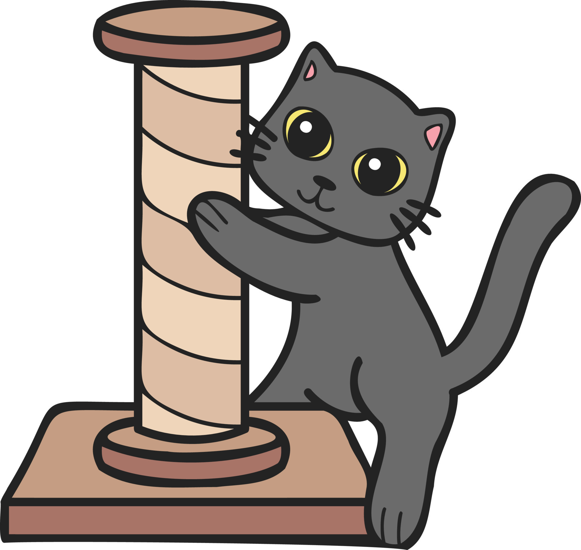 Hand Drawn cat with cat climbing pole illustration in doodle style