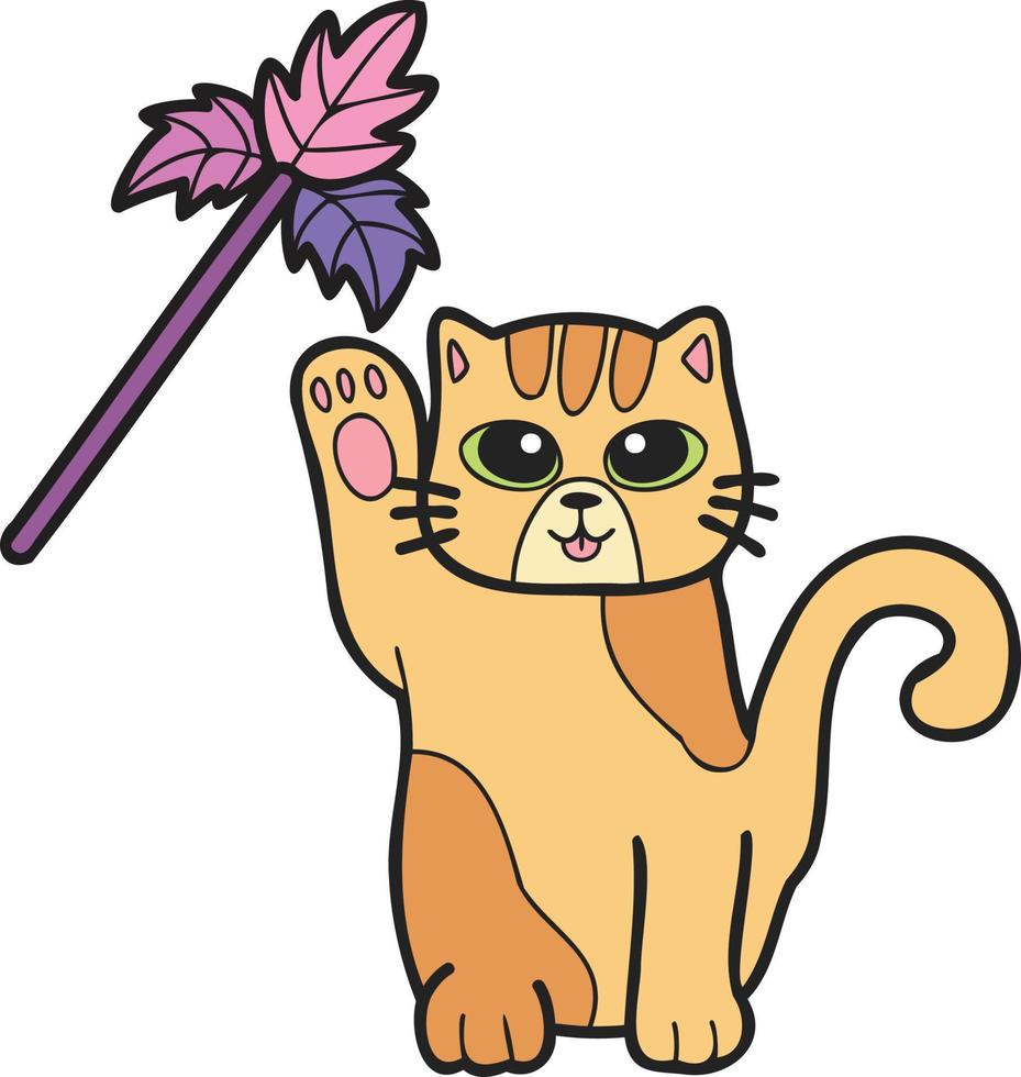 Hand Drawn striped cat playing with toys illustration in doodle style vector
