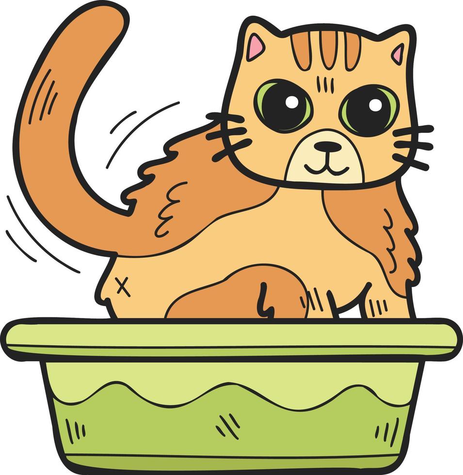 Hand Drawn striped cat with tray illustration in doodle style vector