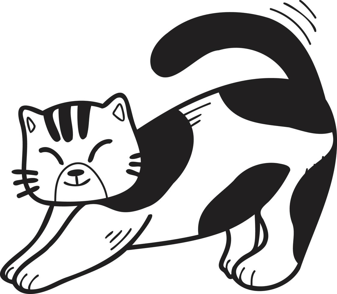 Hand Drawn striped cat stretching illustration in doodle style vector