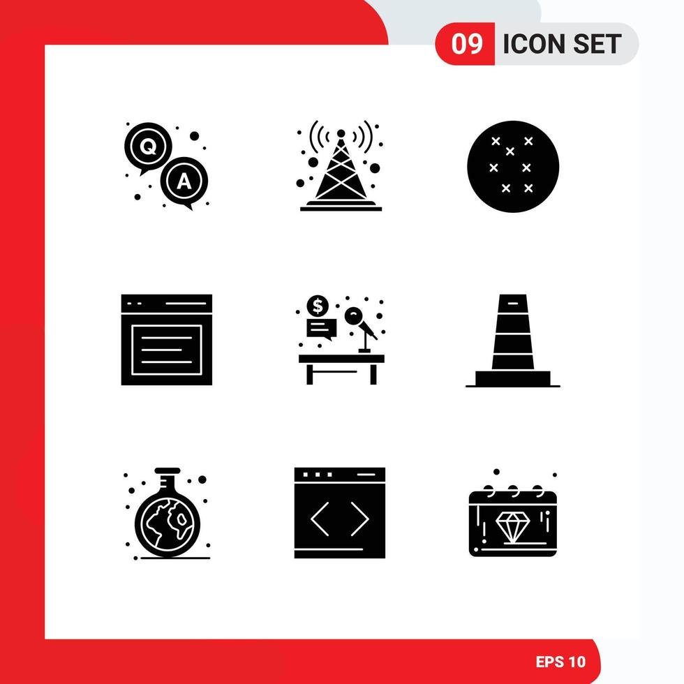 Set of 9 Modern UI Icons Symbols Signs for desk microphone radio antenna user interface Editable Vector Design Elements