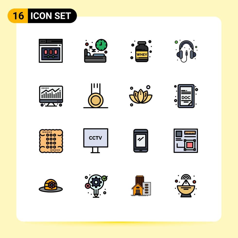 Set of 16 Vector Flat Color Filled Lines on Grid for headphone computer sleep audio weight Editable Creative Vector Design Elements