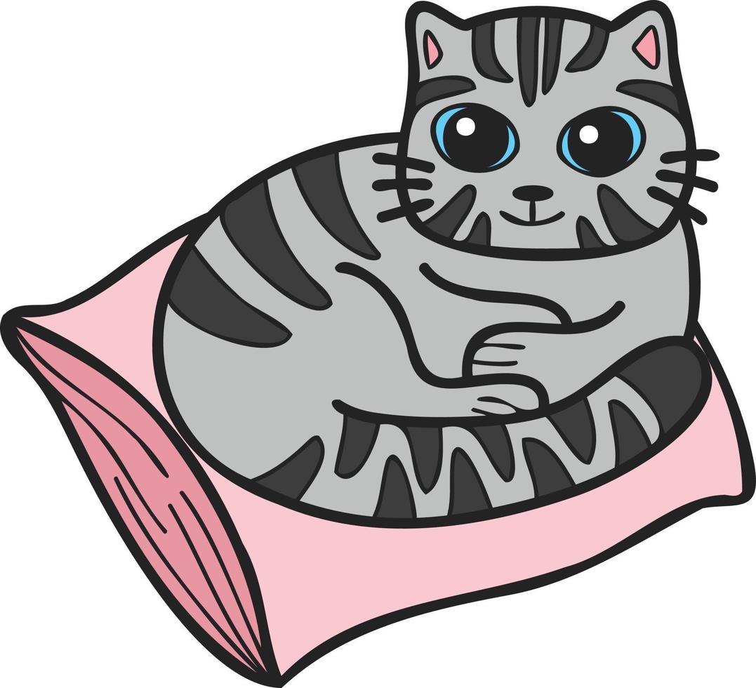 Hand Drawn striped cat sleeping on pillow illustration in doodle style vector