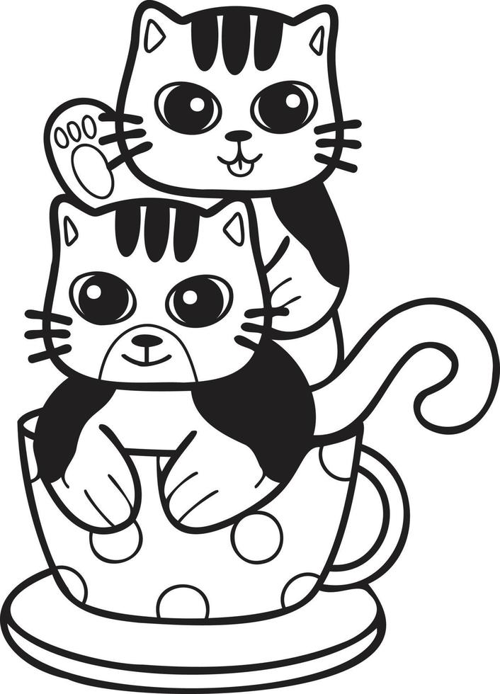 Hand Drawn striped cat or kitten with coffee mug illustration in doodle style vector